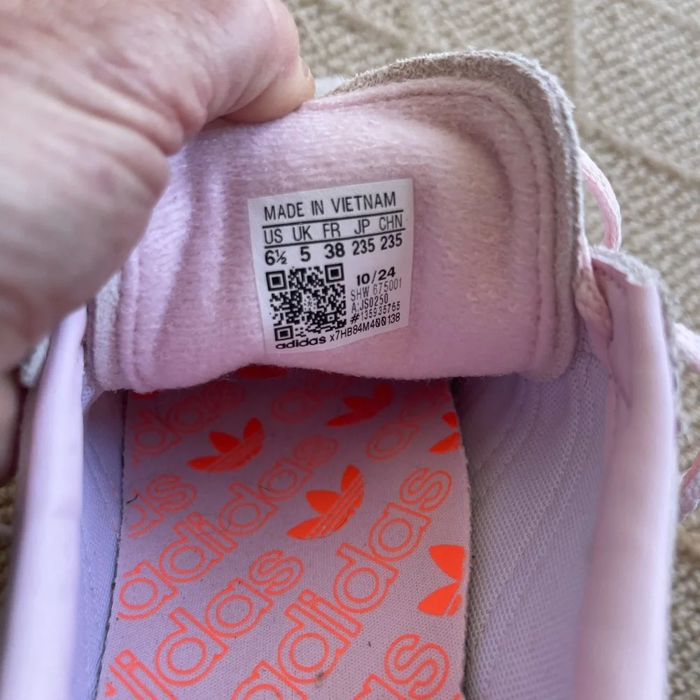 Adidas Spezial Suede Sneakers in Light Pink with Neon Orange Stripes - Picture 6 of 6